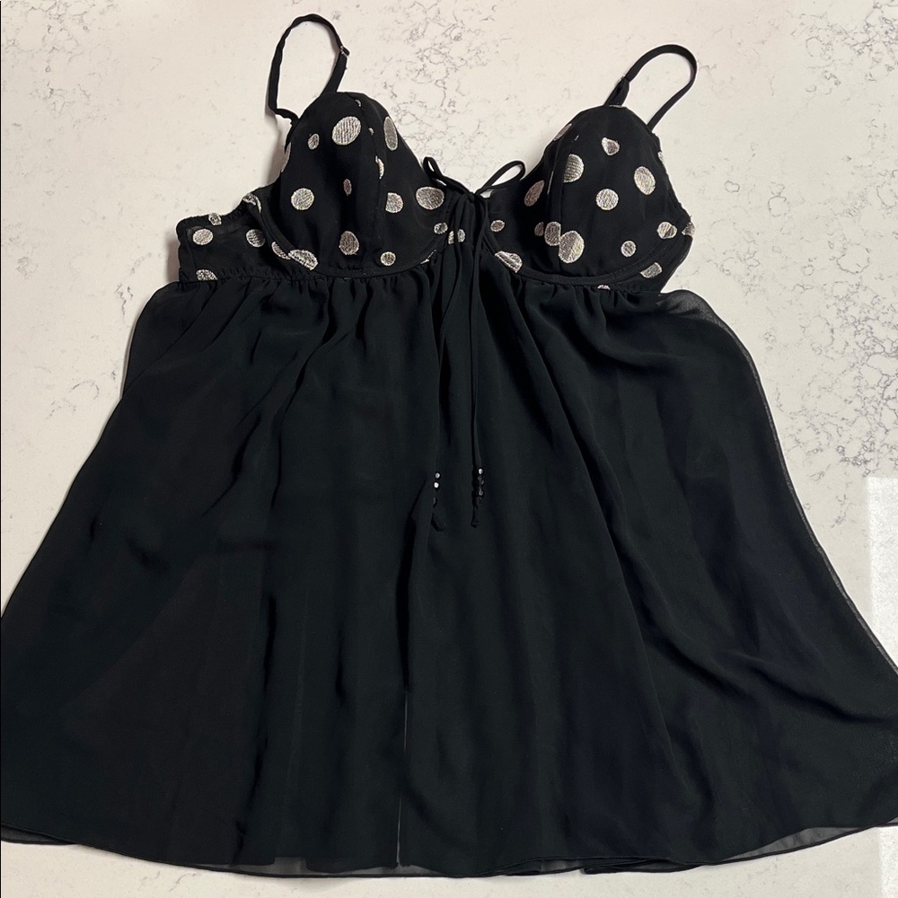 Fantasies  Black Chemise with Silver Polka Dot wites bra